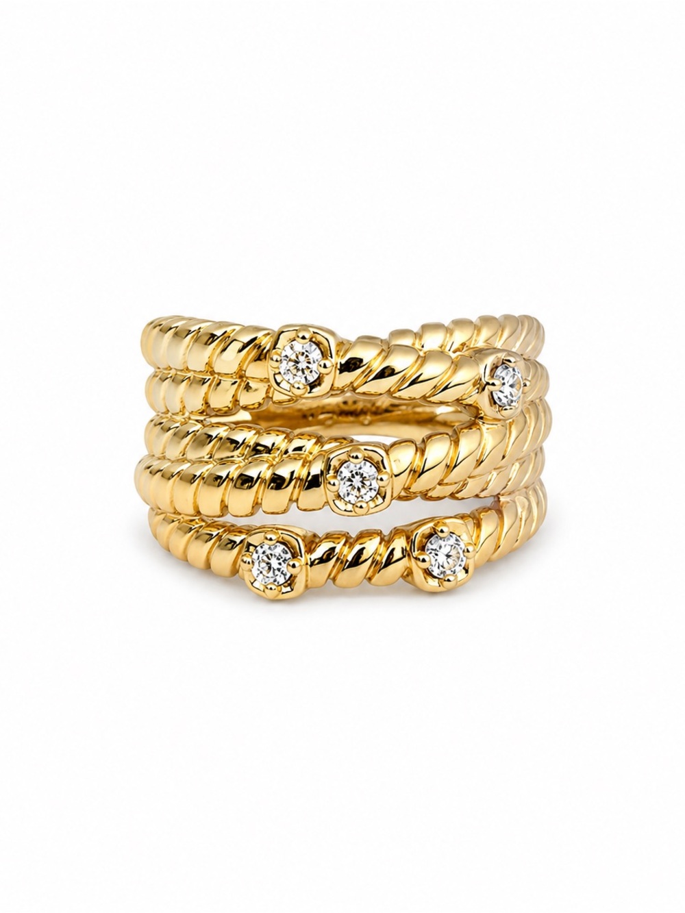 14K Gold Plated Rhodium Finish Rope Twist CZ Stone Stackable Ring Statement